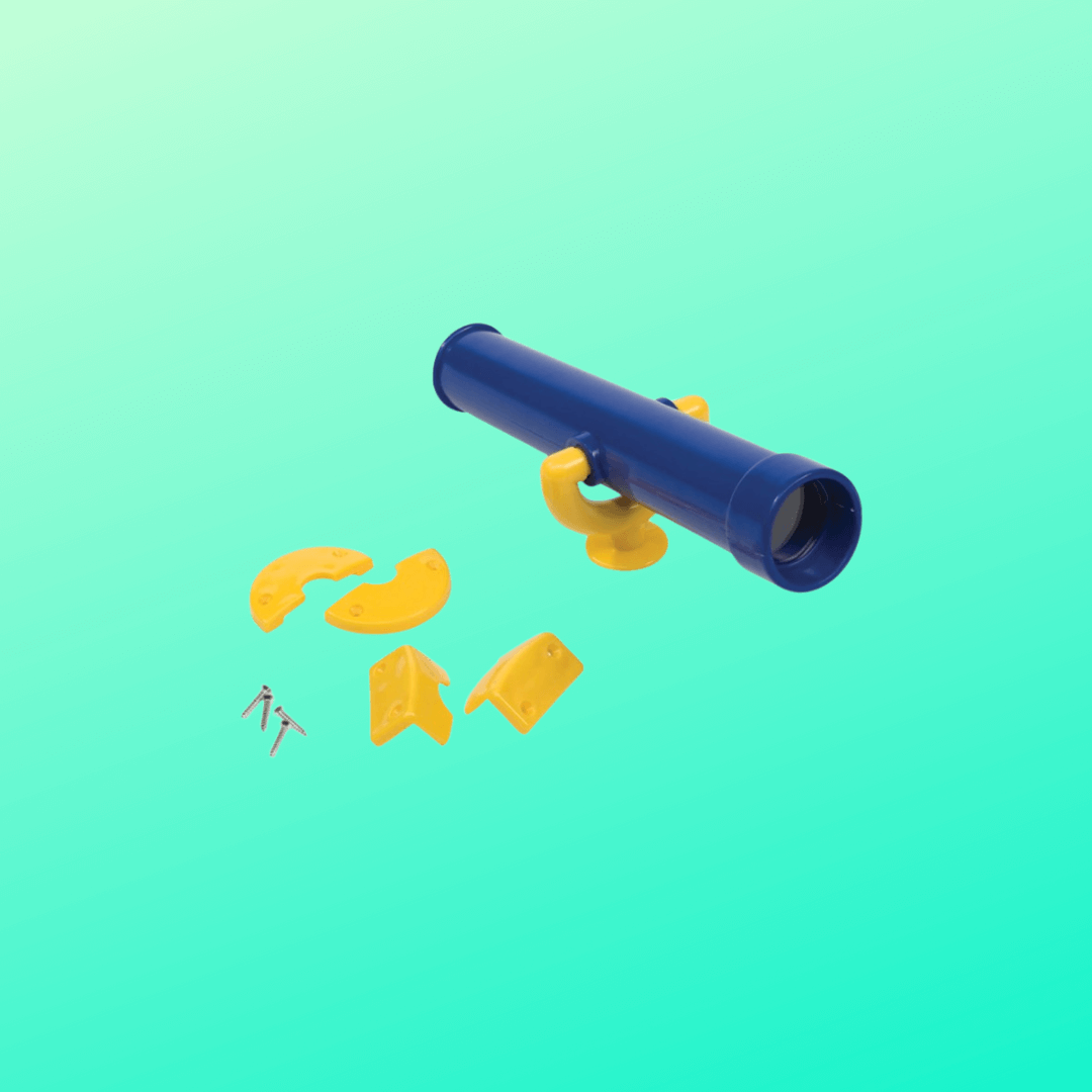 Blue plastic telescope with yellow eyepieces on a teal background