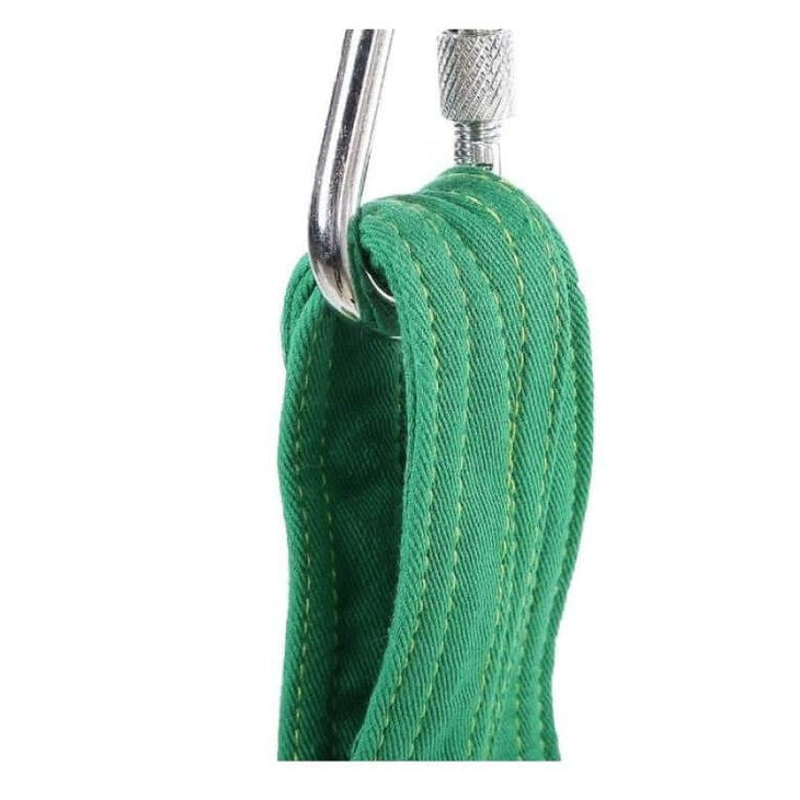 picture showing how the sensory cacoon swing hangs with a carabiner clip to the top of the swing