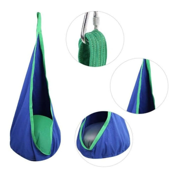blue and green sensory swing, showing the attachments also
