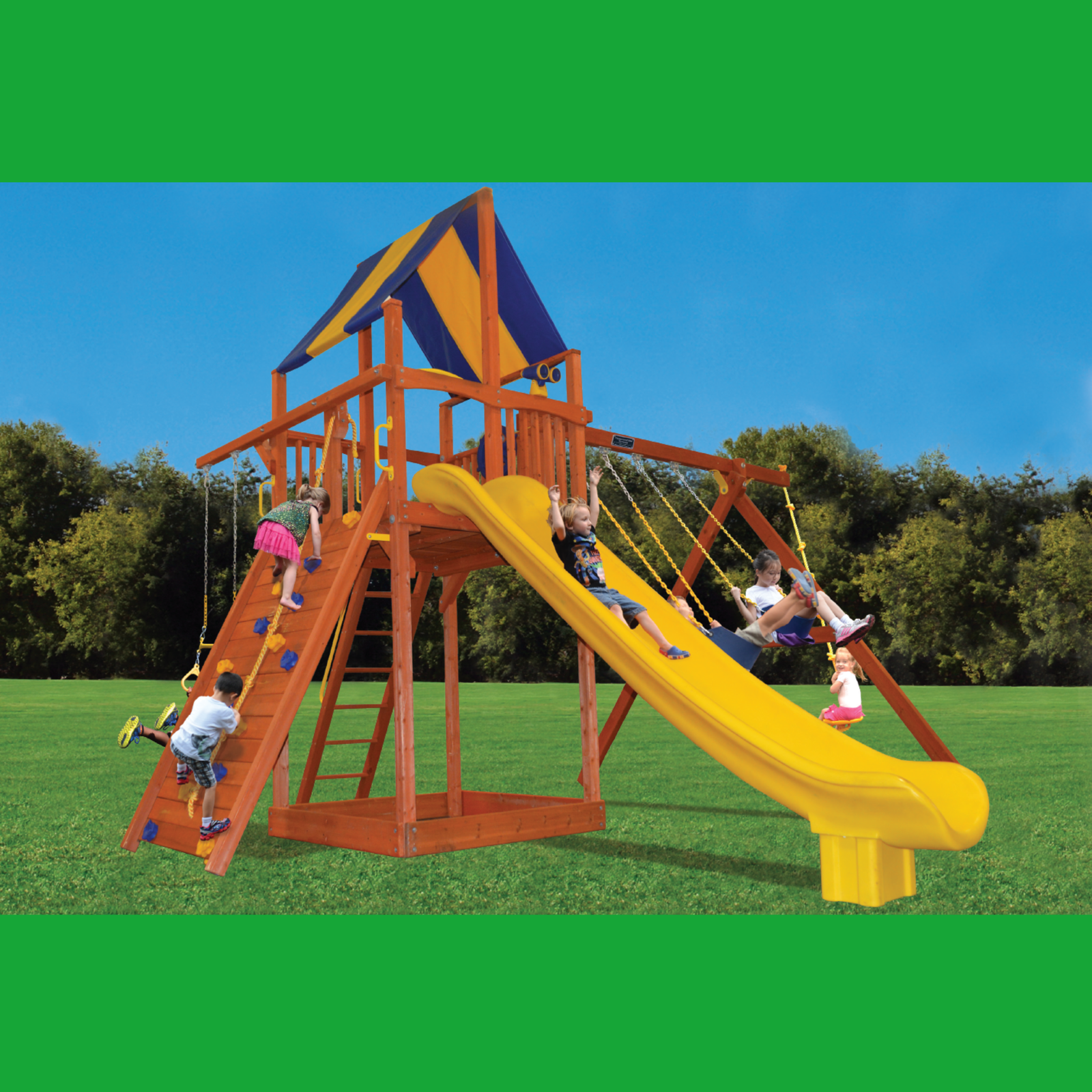 Children playing on a wooden playground set with a yellow slide and blue and yellow roof in an outdoor setting.