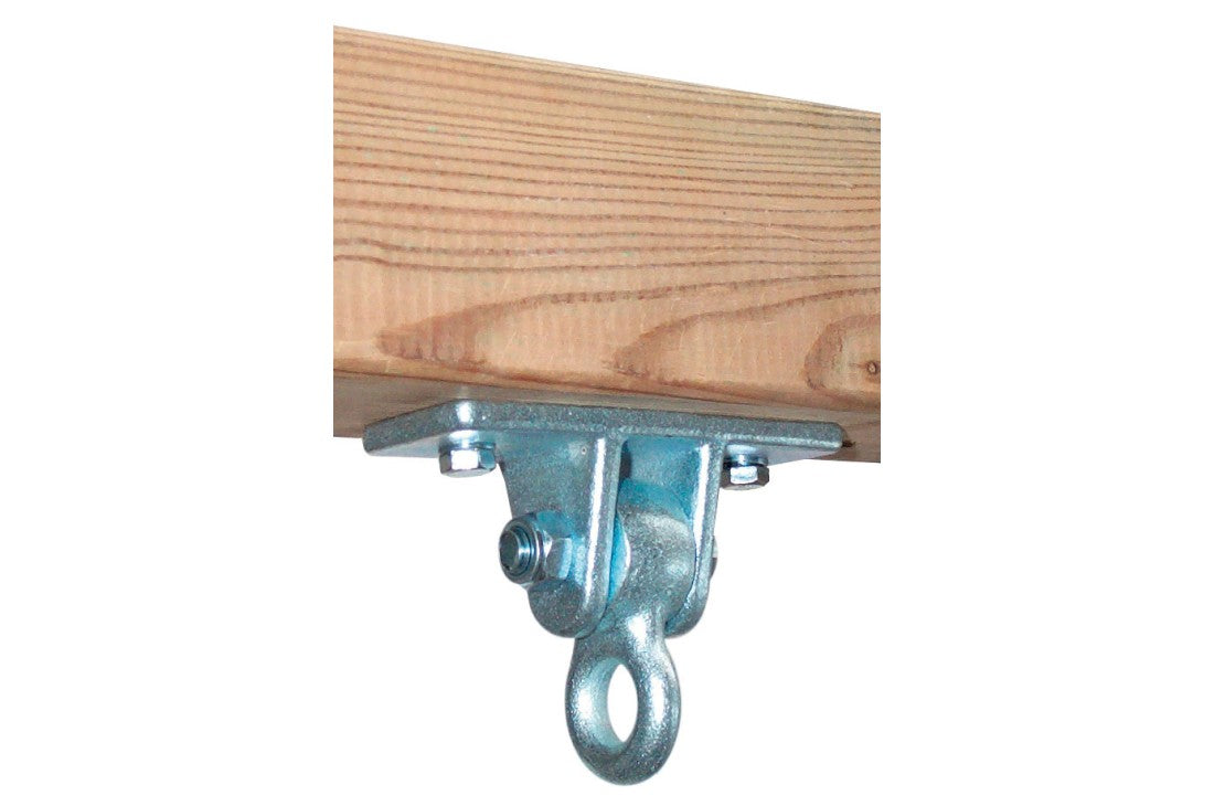 Metal swing hanger bracket with a wooden board on a white background