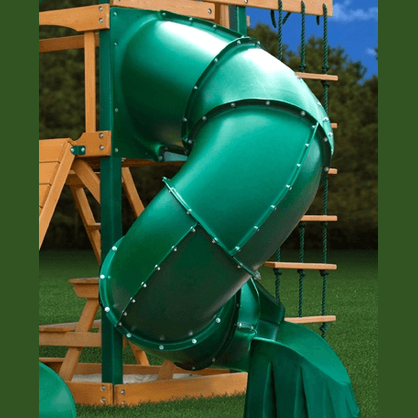 Green tube slide on a wooden playground in nz backyard