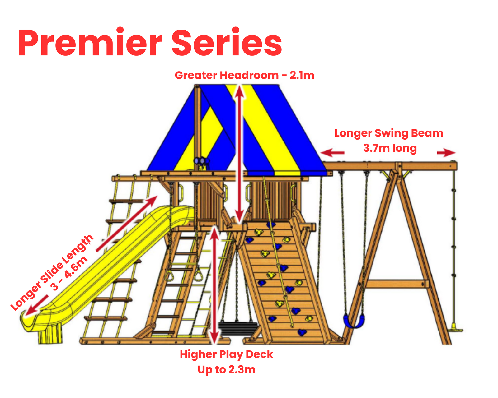 Wooden playset with slide and swings labeled with specifications on a white background