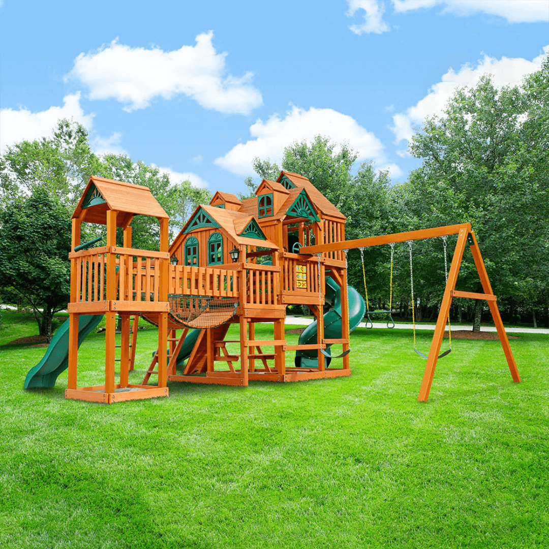kids playing on a Wooden playground set with slides and climbing structures in nz backyard