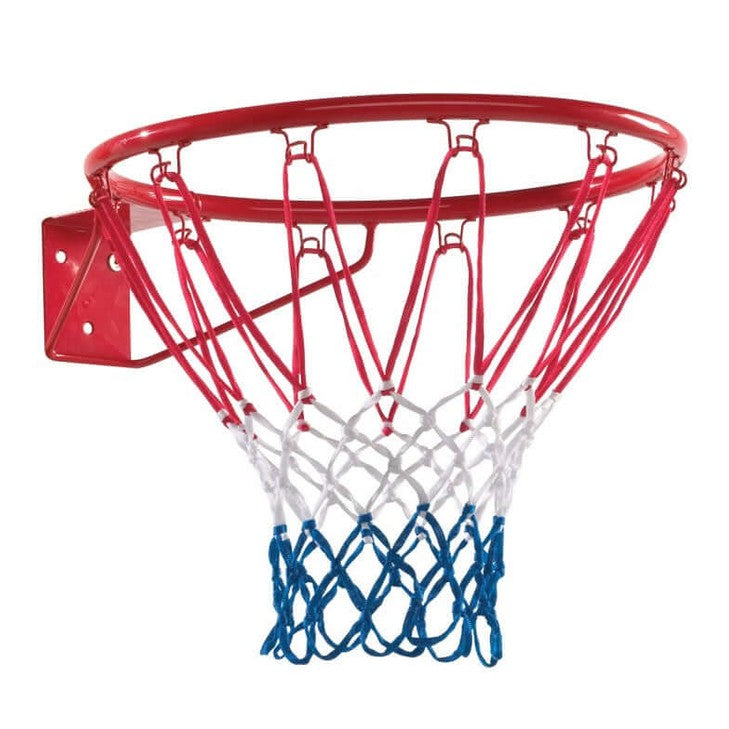 Red basketball hoop with blue and white net on a white background