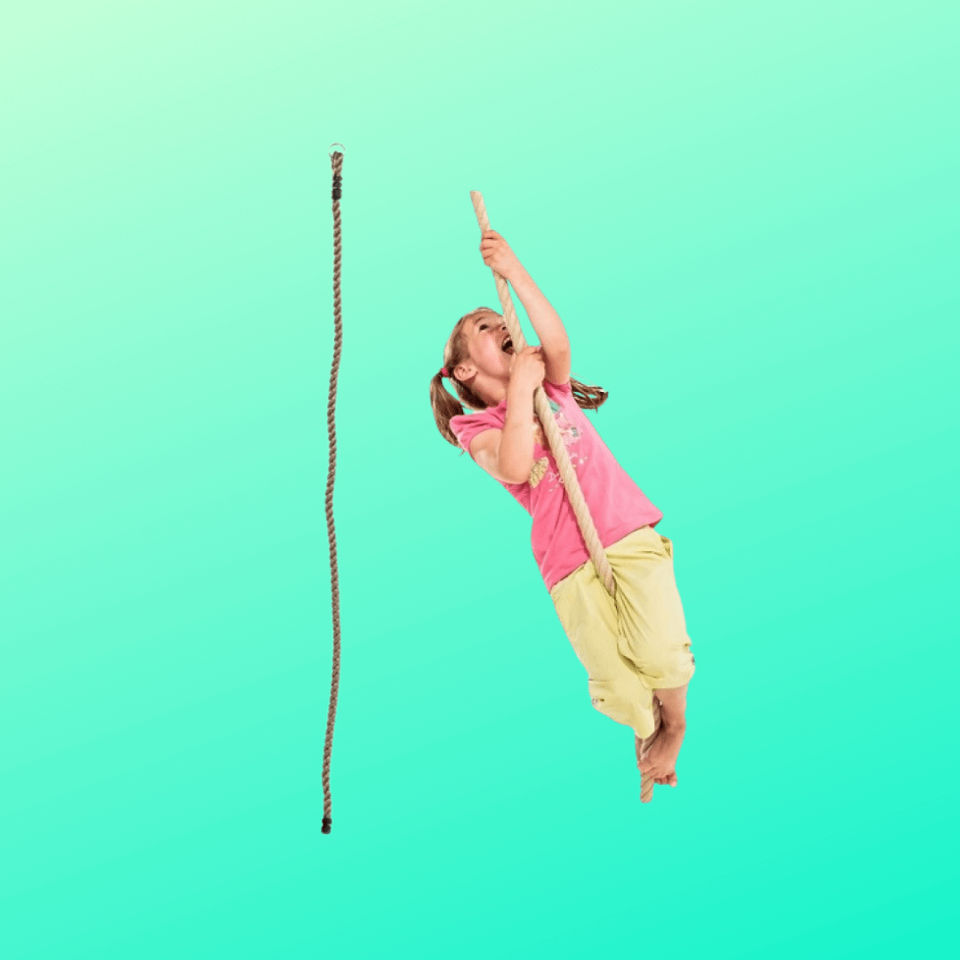 Child climbing a rope against a teal background