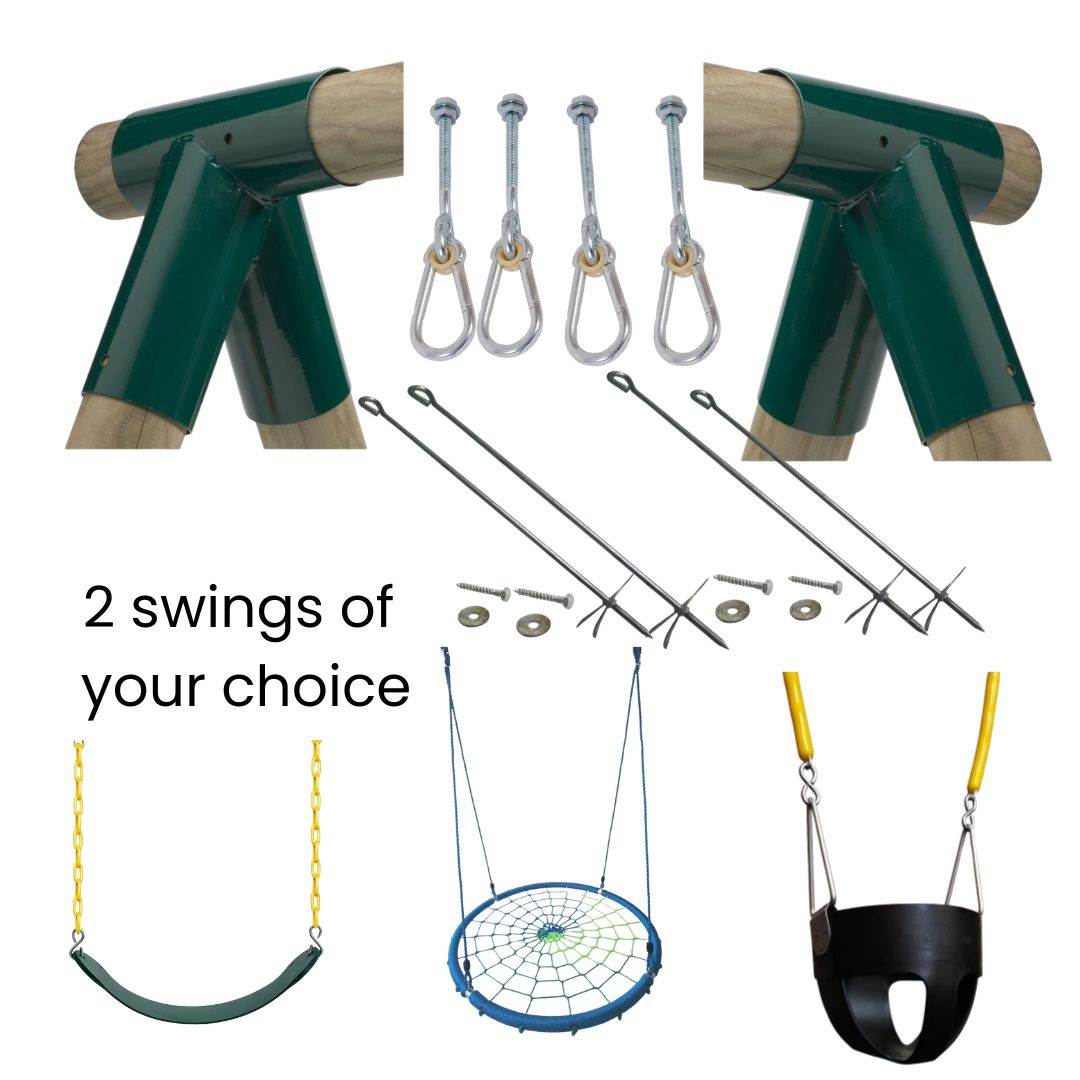 A product collage showing playground swing components and finished swing options on a white background. The top section shows dark green metal swing supports with natural wood posts and four silver hanging loops.
