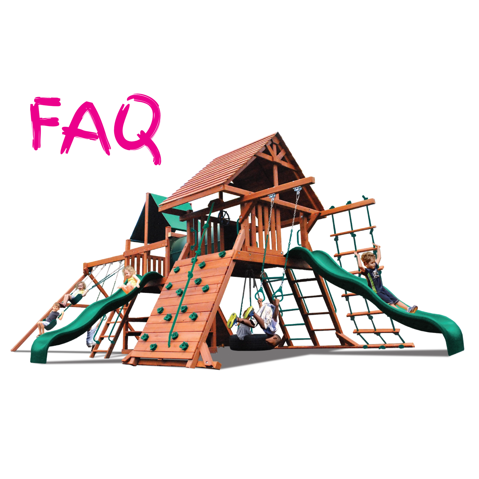 A large wooden backyard playground with green slides, climbing walls, ladders, and a swing, shown on a white background with the word 'FAQ' in pink text in the upper left.
