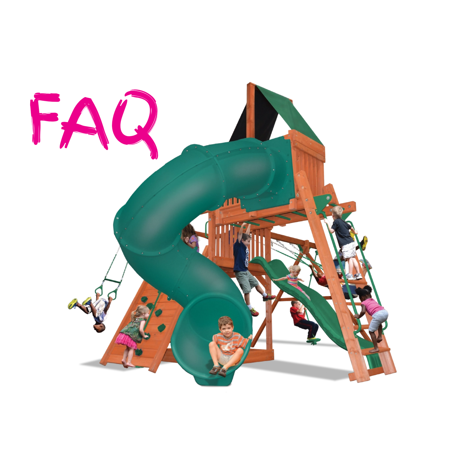 A large children's playgroun with a dark green spiral slide, climbing walls, swings, and ladders, shown with several children playing on it. The word 'FAQ' appears in bright pink text in the upper left corner on a white background.