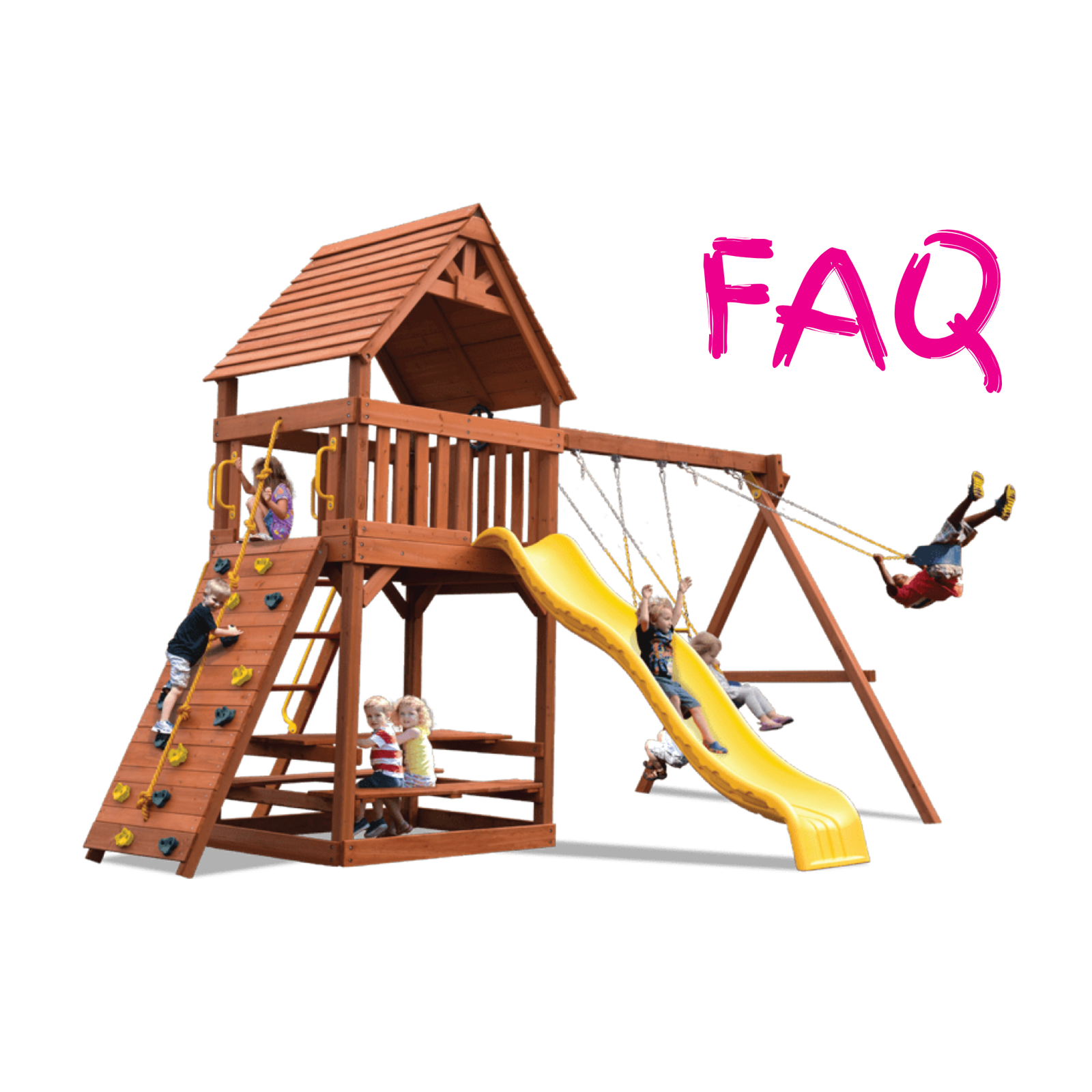 A wooden children's playground with a yellow slide, swings, climbing ladder, and rope climbing wall, shown with children using it. Large pink text reading 'FAQ' appears in the upper right on a white background.