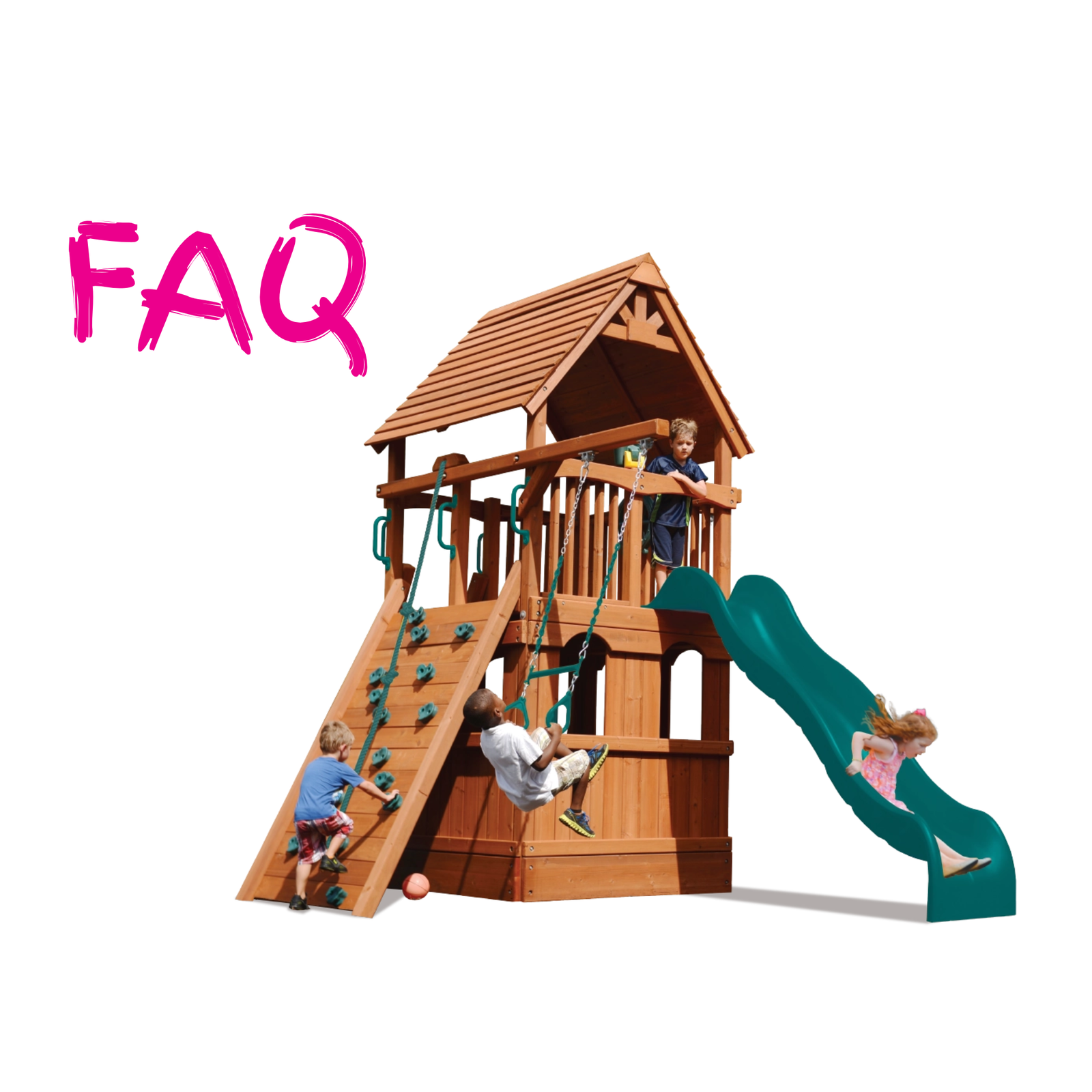 A wooden children's playset with a green slide, climbing ladder, rope climbing wall, and swing, shown on a white background with the word 'FAQ' in pink text in the upper left.