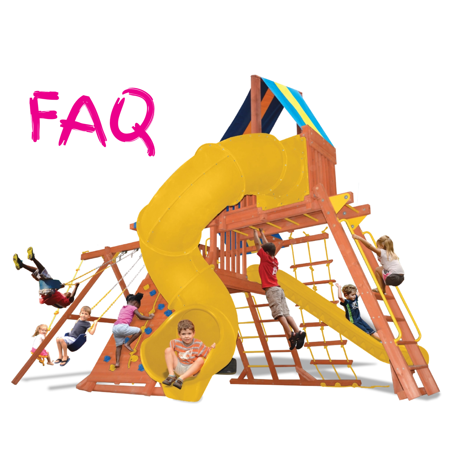 A children's outdoor playground structure with a large yellow spiral slide, monkey bars, wooden climbing walls, ropes, and swings, shown with several children playing on it. The word 'FAQ' appears in pink text in the upper left corner on a white background.