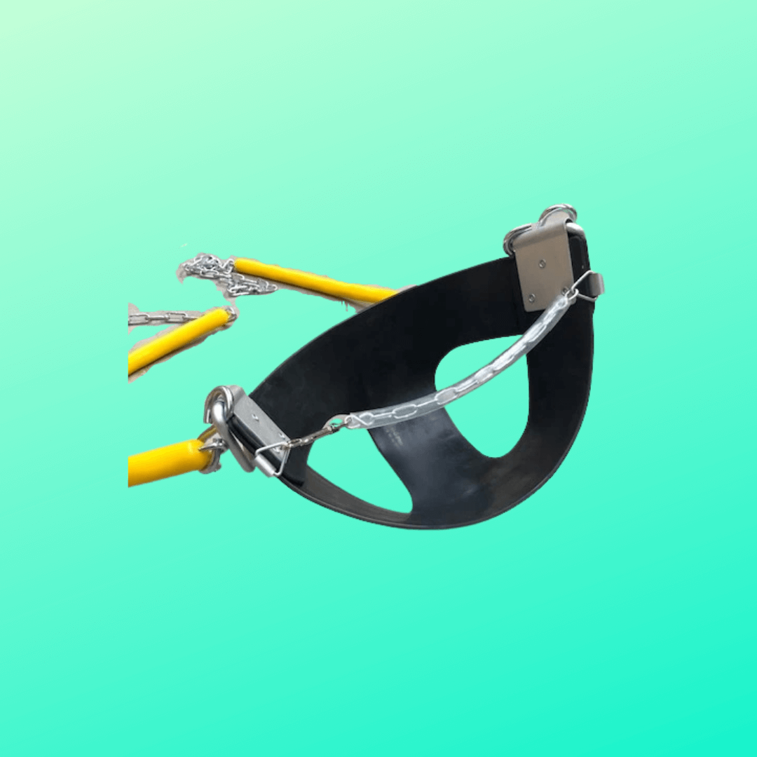 Black half bucket swing with yellow safety chains