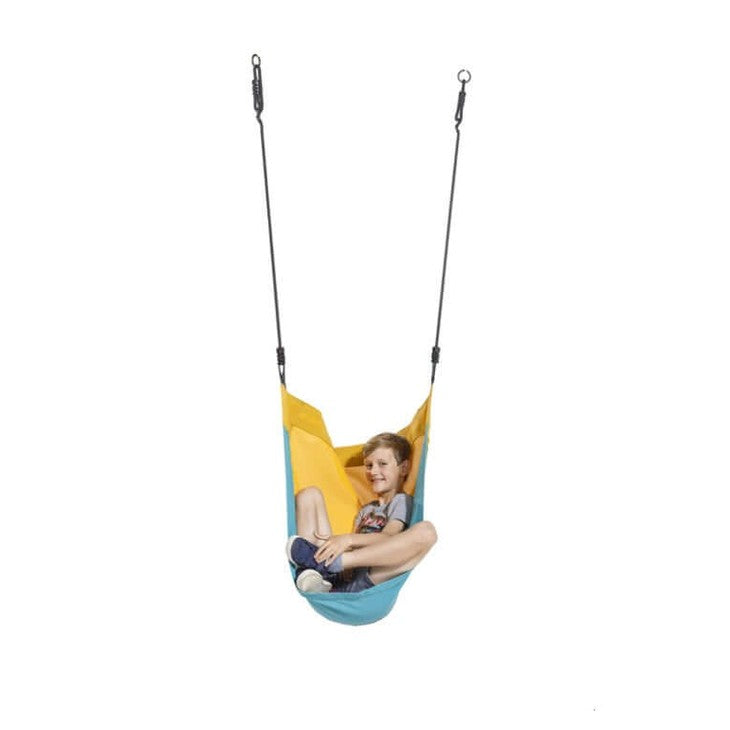 child in a denoh cacoon swing - blue and yellow