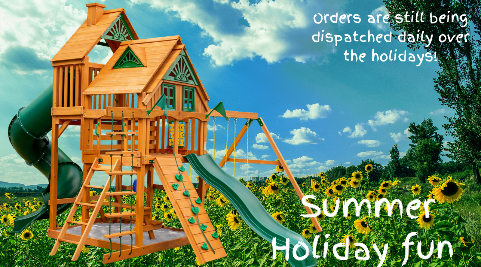 Premium wooden playset with slides in a field of sunflowers under a blue sky.