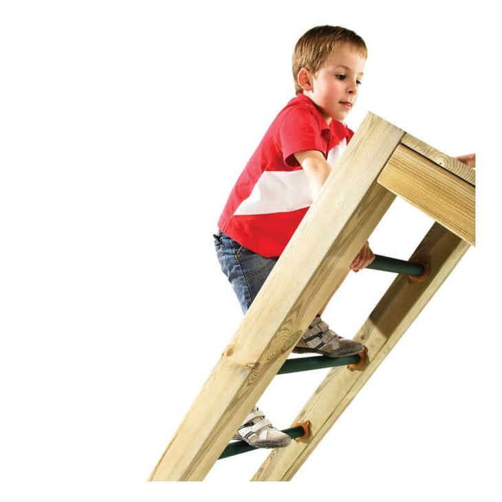 Child climbing monkey bars being used as steps on wooden ladder 
