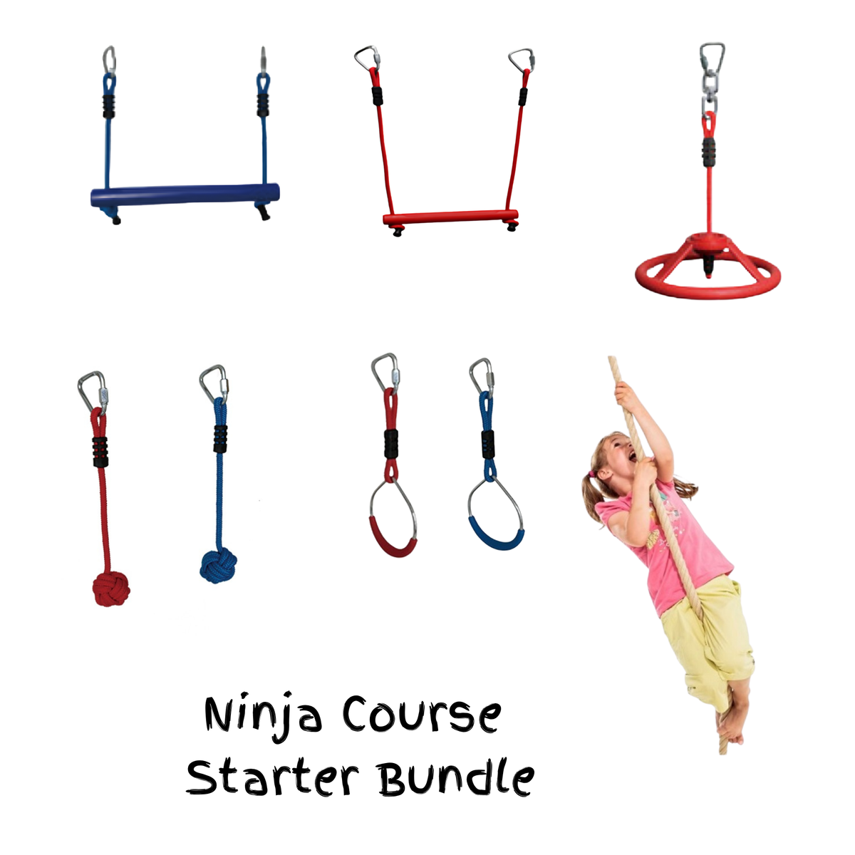 Ninja Course Starter Bundle containing gym rings, ninja wheel, rope balls and climbing rope