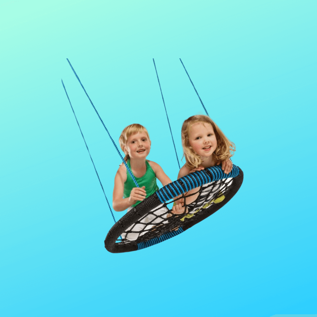 two girls swinging on blue and black oval nest swing