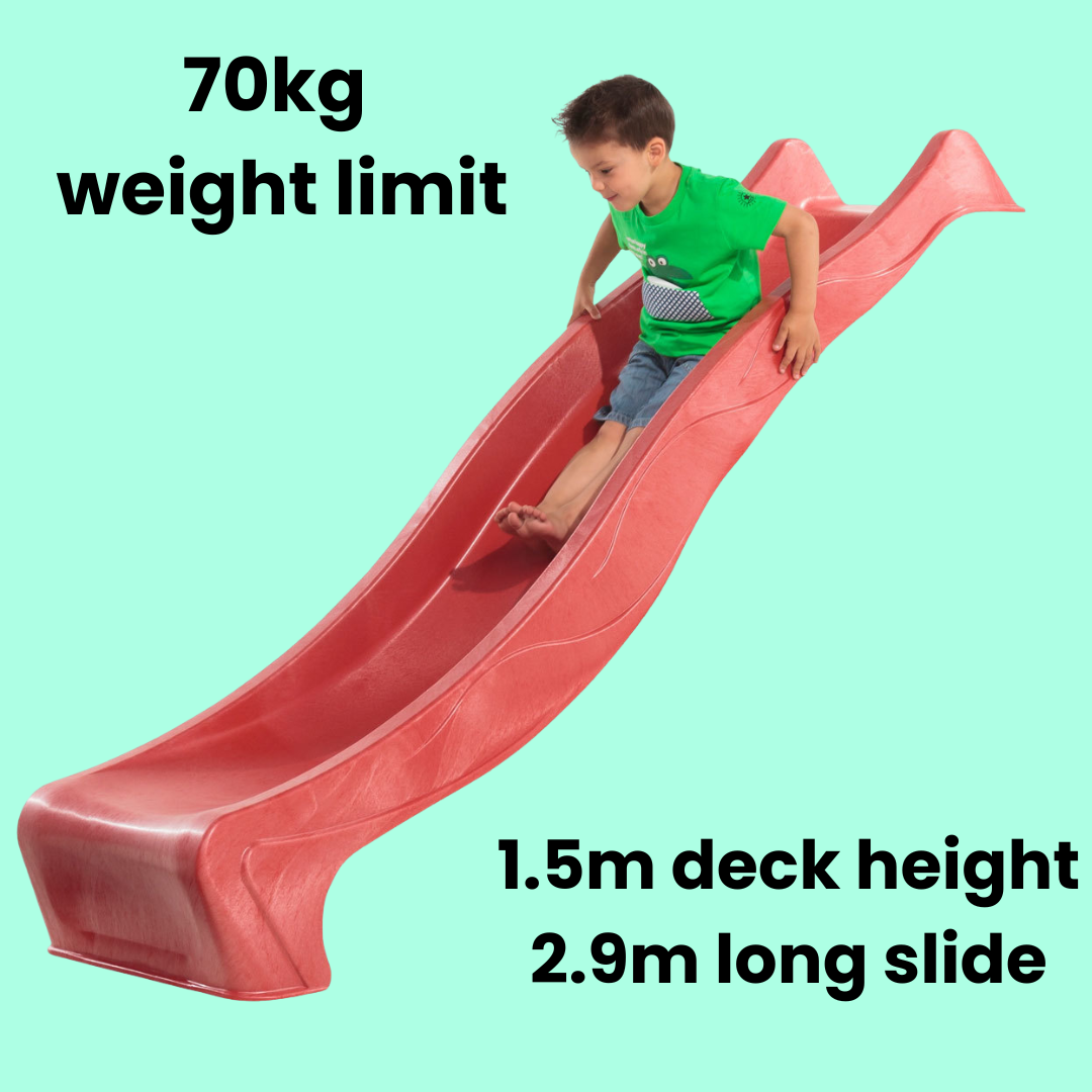 child sliding down a red playground water wave slide