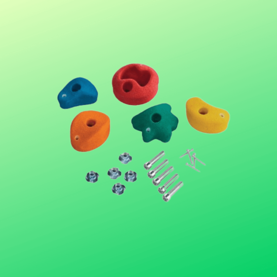 red, blue, orange, green and yellow climbing holds with polyresin coating, so extra grip.