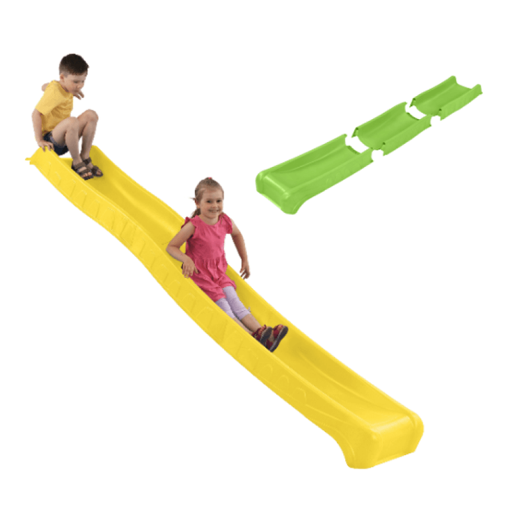 Children sliding down a yellow slide with the example of the slide prior to assembly