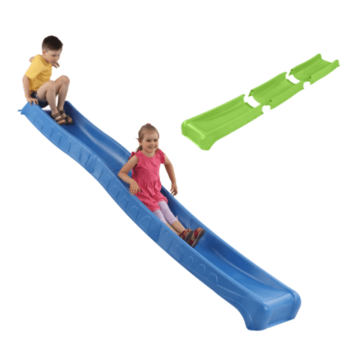 Children sliding down a blue slide with a green demo on how it is prior to assembly.