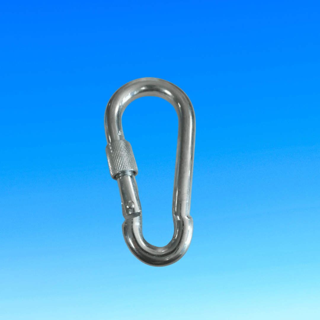 Metal carabiner on a blue gradient background