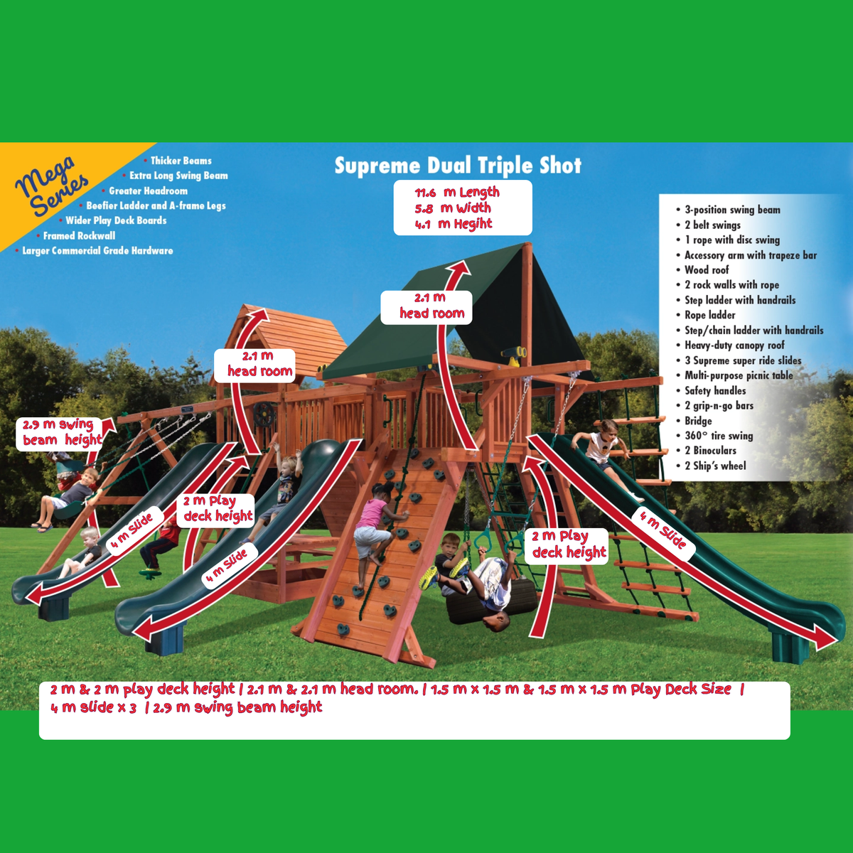 Playset with slides and climbing structures on a grassy area, featuring dimensions and features.