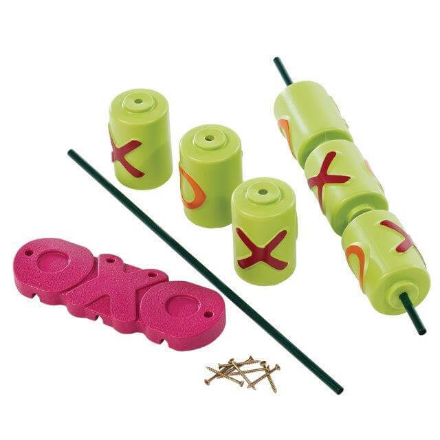 XOX game in pieces showing the components of the circles, rods and screws