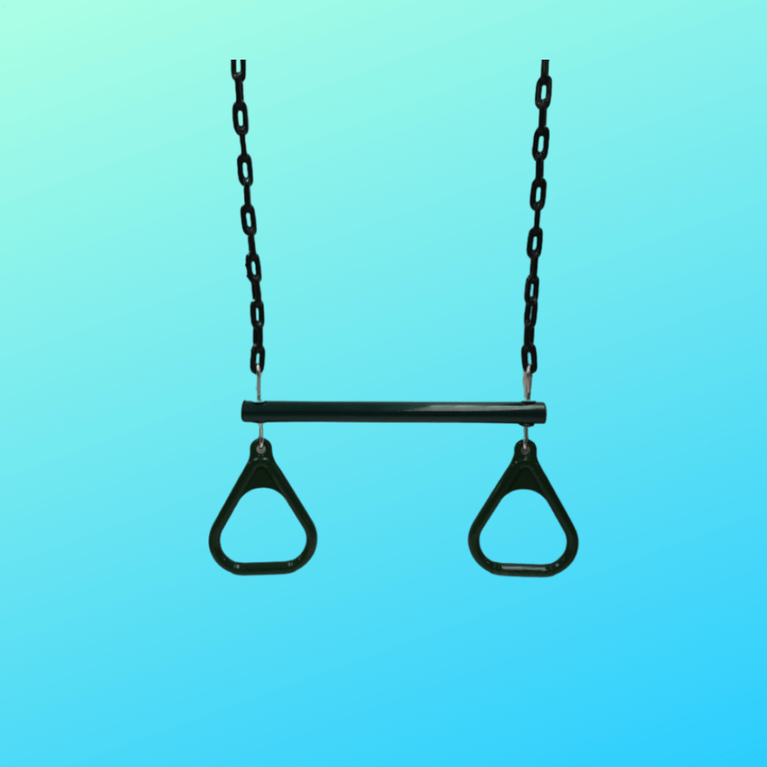 Green trapeze bar with triangle grips and plastisol coated safety chains