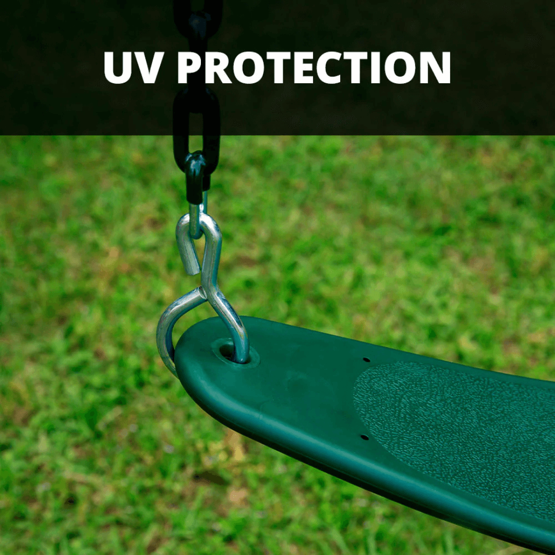 Green swing seat with chain against a grassy background, emphasizing UV protection.