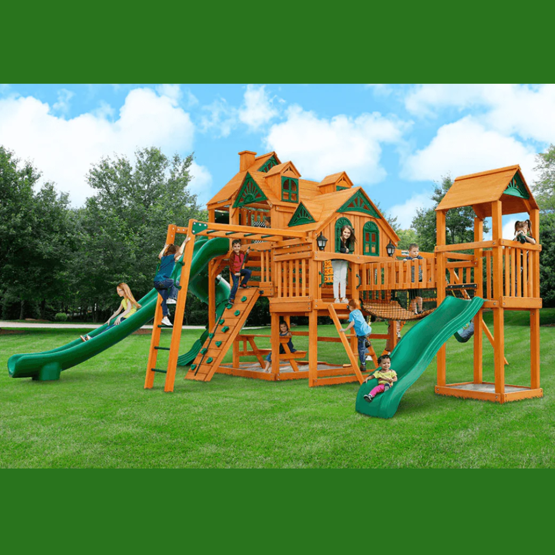 kids playing on a Wooden playground set with slides and climbing structures in nz backyard