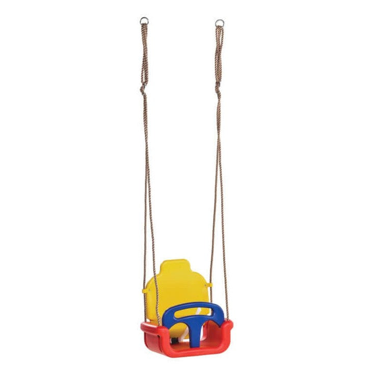 red, yellow, blue baby swing with adjustable ropes