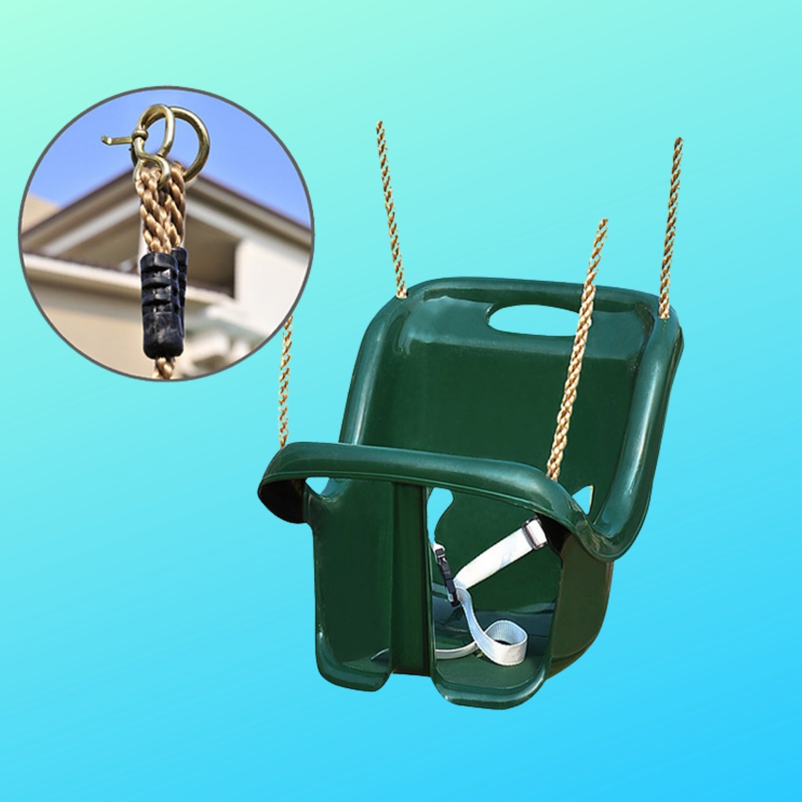 green baby swing with hanging ropes, and a close up of the hanging end of the rope
