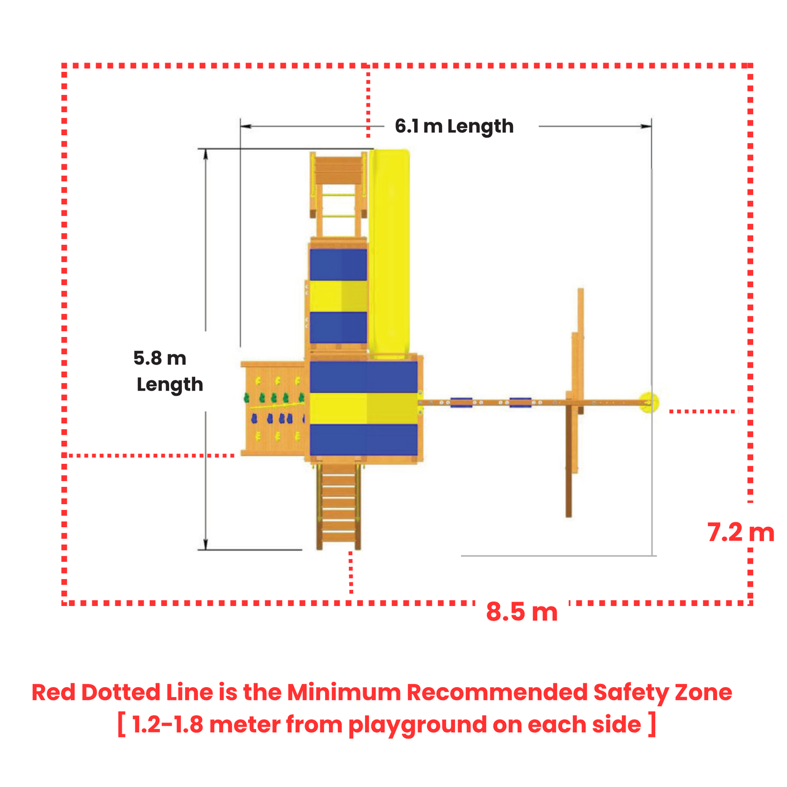 Diagram of a playground structure with dimensions and safety zone marking.