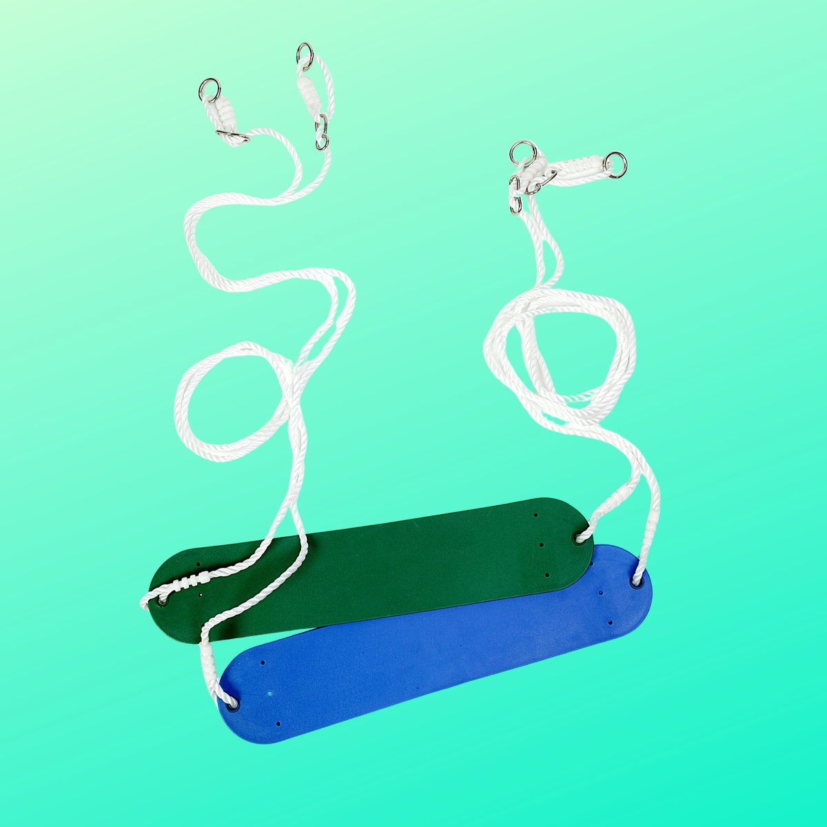 a green and a blue belt swing with white ropes to hang the swing