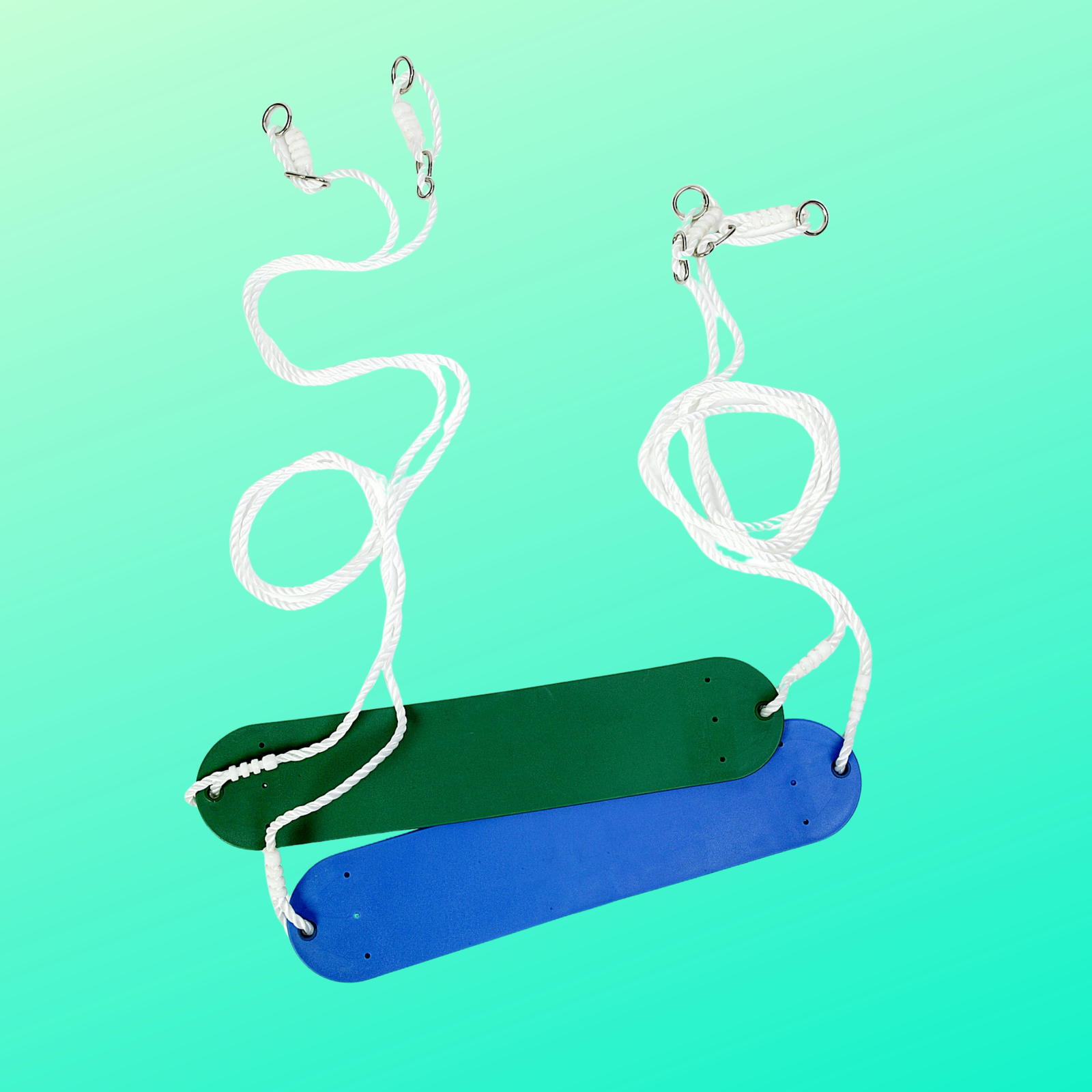 a green and a blue belt swing with white ropes to hang the swing