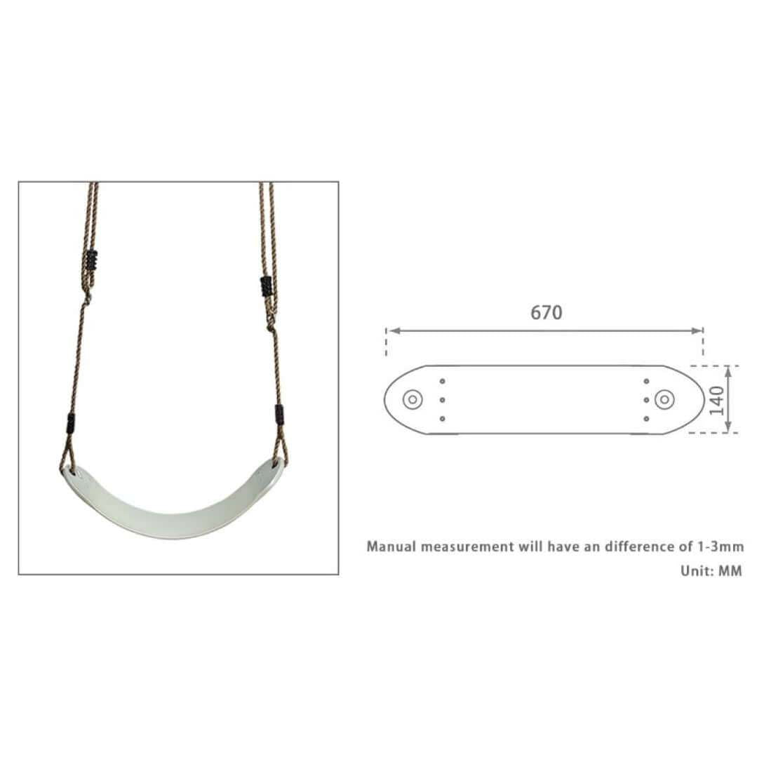 photo showing the white flexible belt swing with adjustable ropes and the measurements of the swing seat