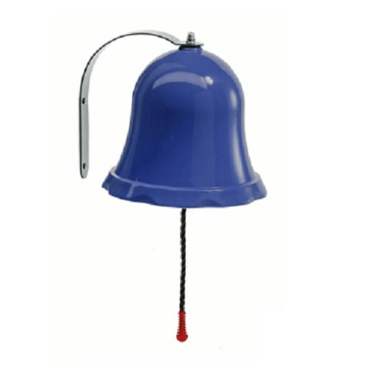 blue playground bell or use outdoors. make sound. includes hanging bracket.