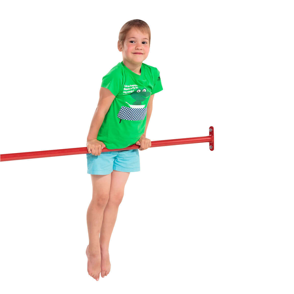child playing on red gymnastics bar