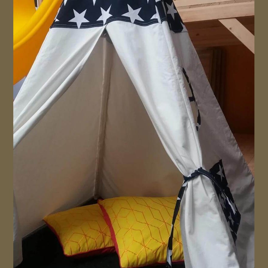 white teepee with navy top and white stars for children's play