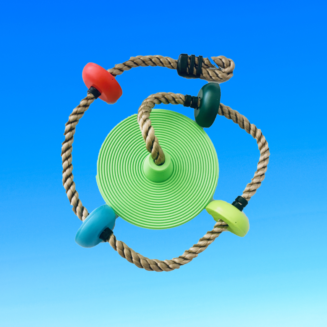 green monkey/disc swing with swing rope and climb holds.