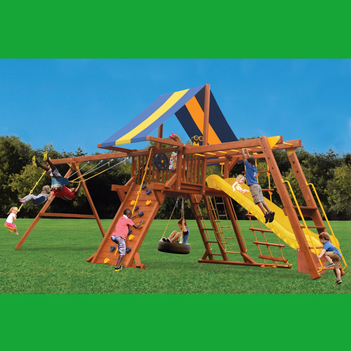 Children playing on a colorful playground set with swings and slides.