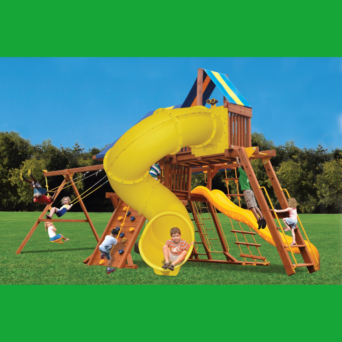 Children playing on a wooden playground with yellow slides and swings.