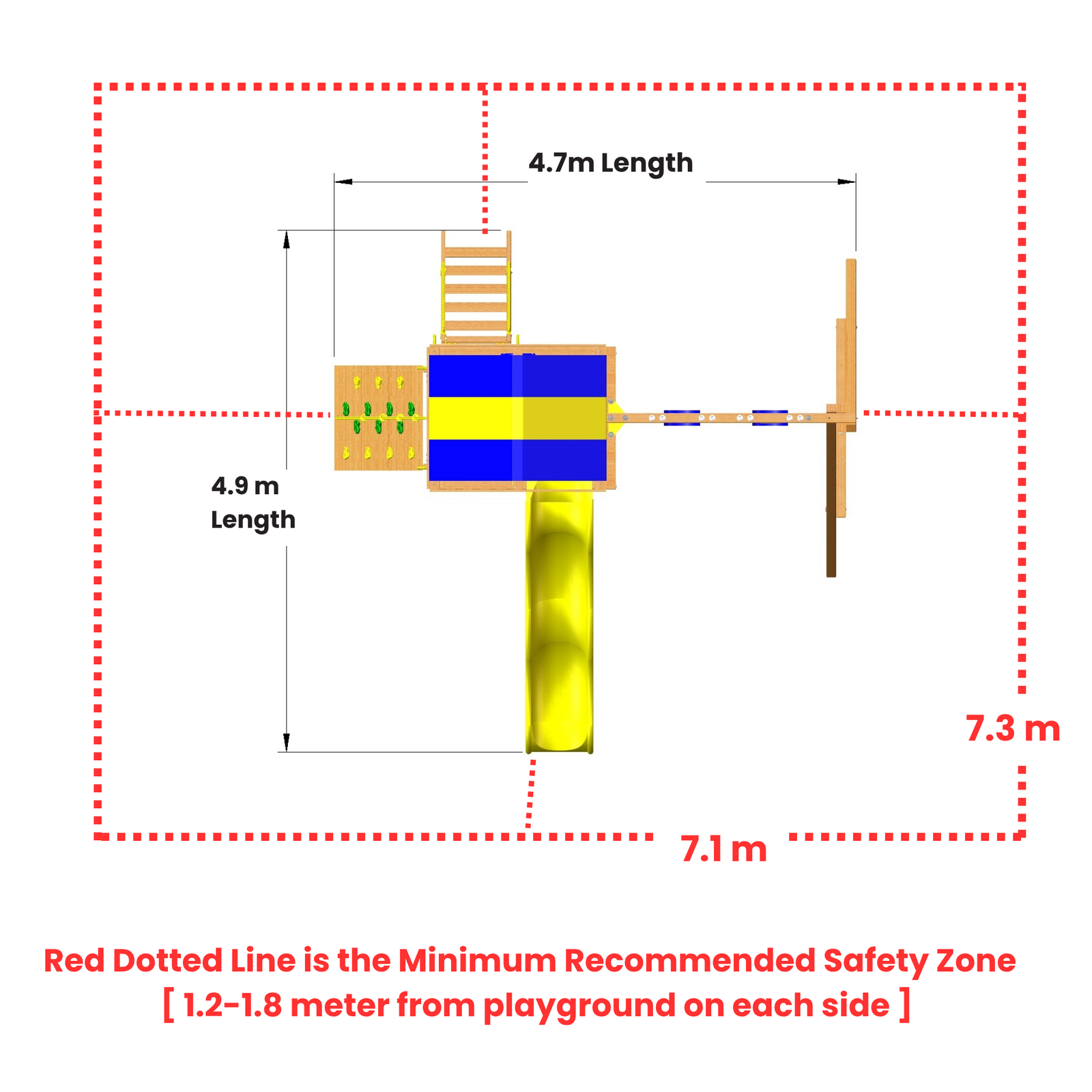 A diagram showing a playground structure with labeled dimensions 