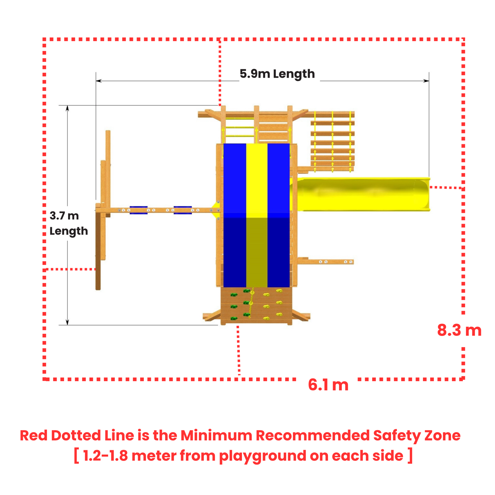 A technical diagram of a playground structure with dimensions labeled, including a red dotted minimum recommended safety zone boundary and measurements