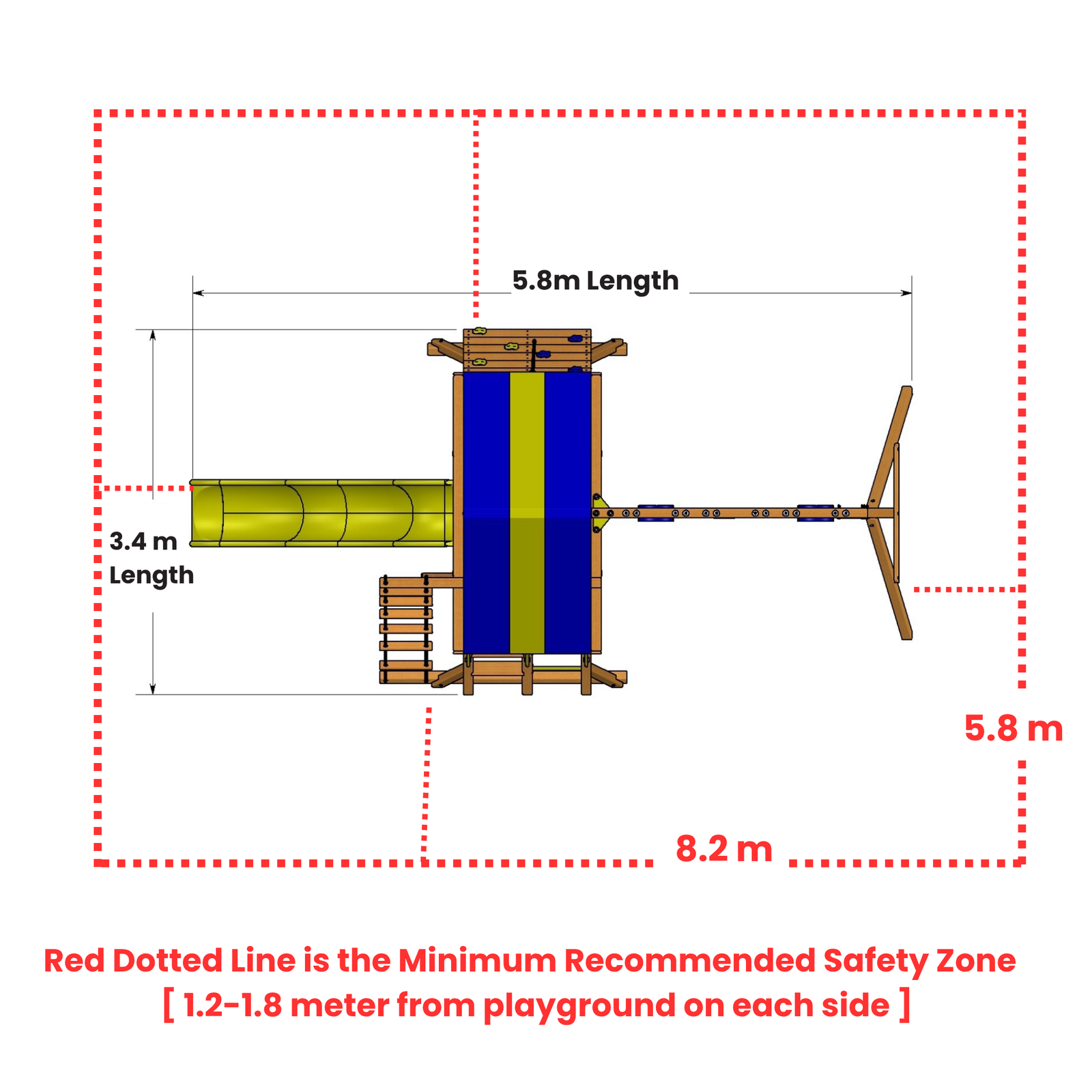 A top-down safety zone diagram for a playground structure, showing a wooden playset with dimension labels 