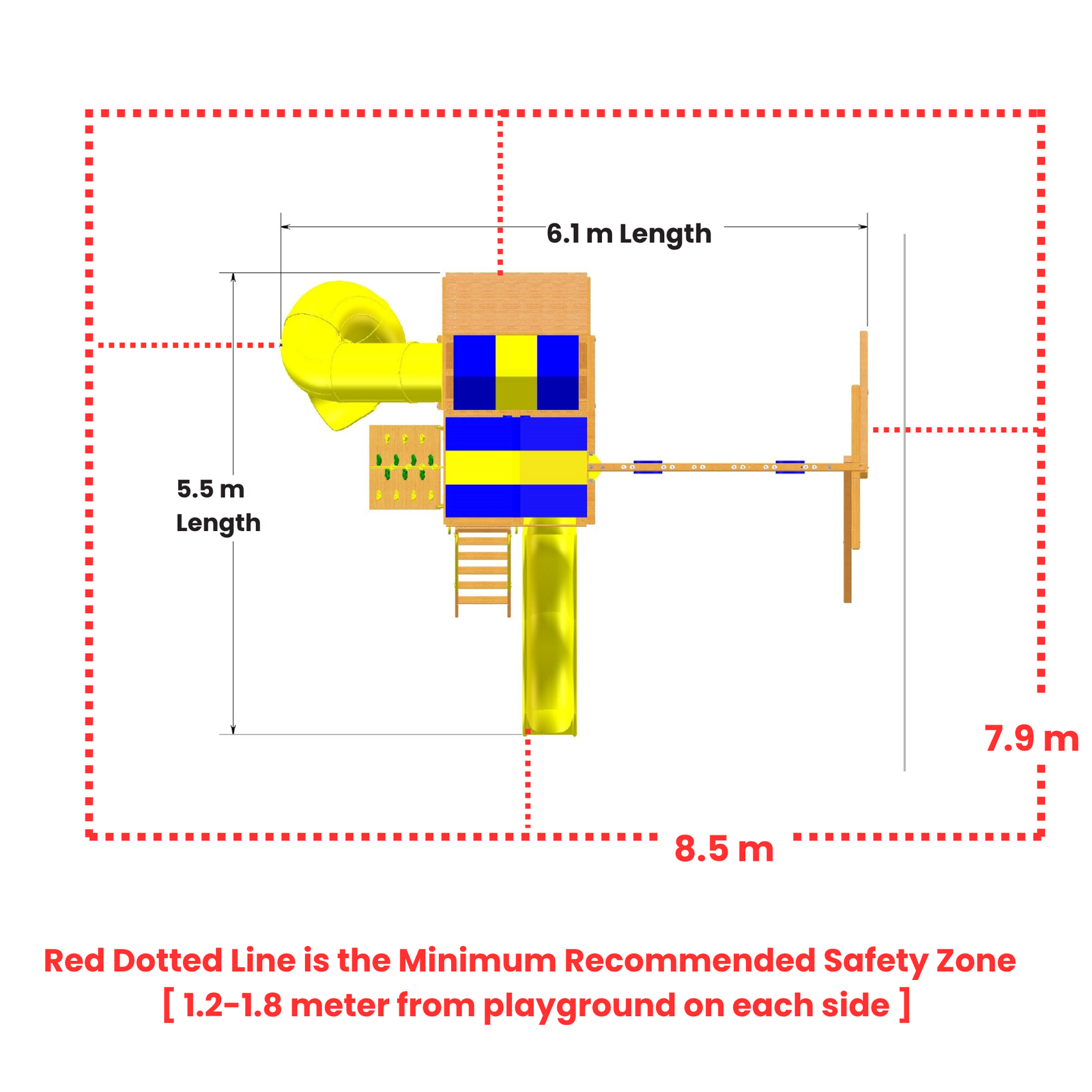 Diagram of a playground structure with dimensions and safety zone marking.