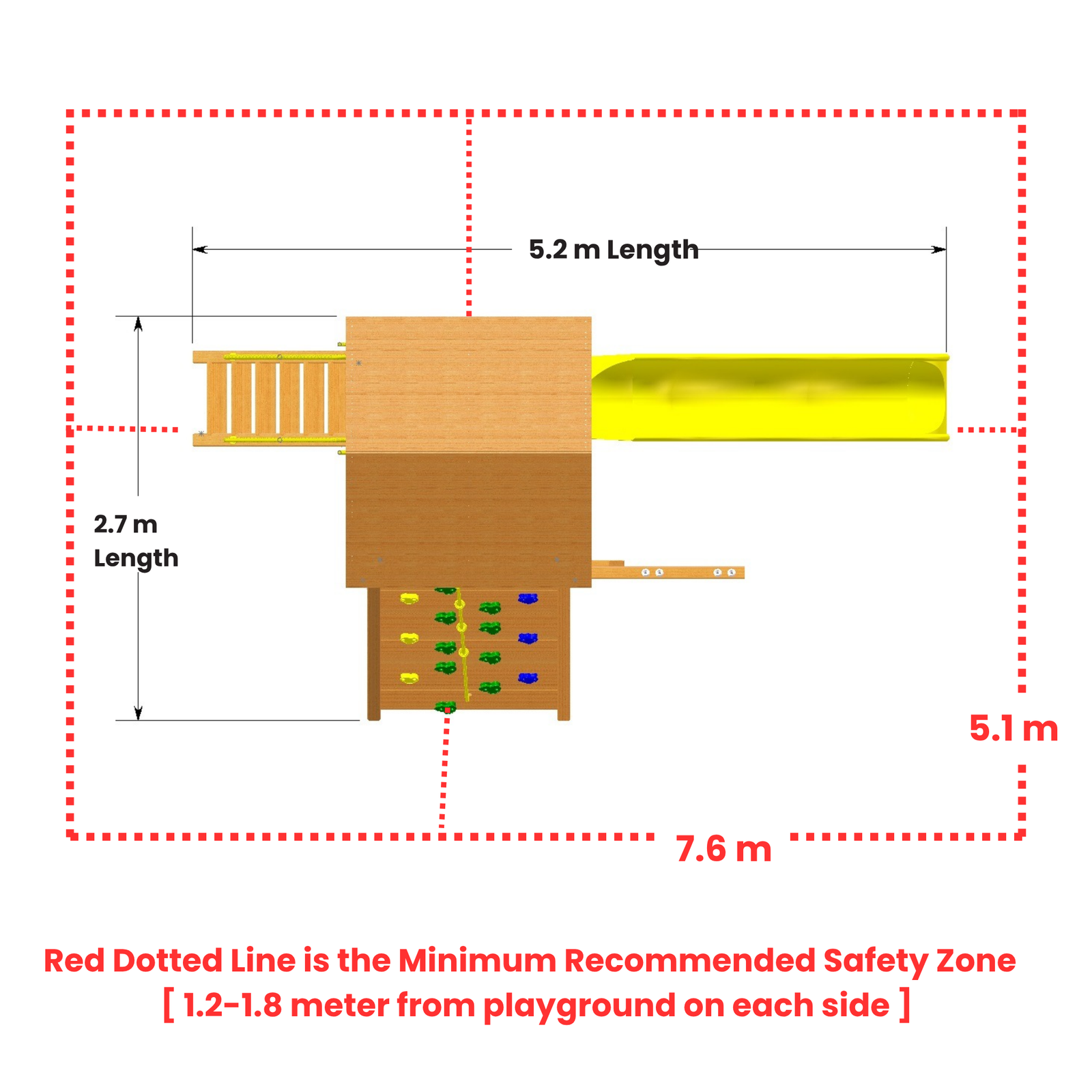 A dimension diagram of a playground structure showing measurements in red dotted lines and text labels indicating length, width, and recommended safety zone distance on a white background.