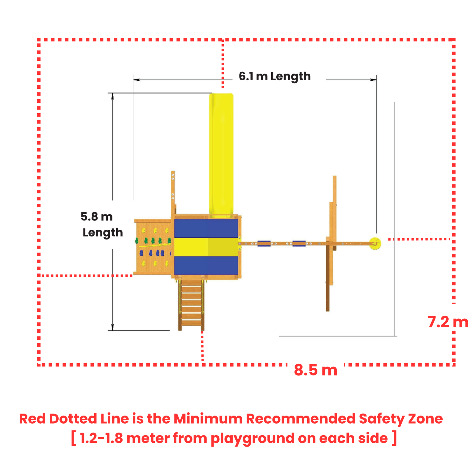 Diagram of a playground structure with dimensions and safety zone marking.